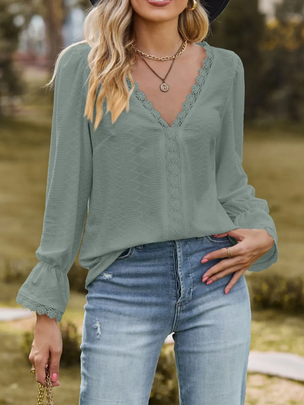 Lace Trim V-Neck Blouse with Flounce Sleeves, image 10