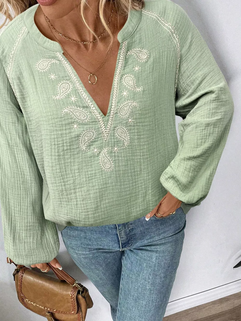 Paisley Notched Balloon Sleeve Blouse, image 21