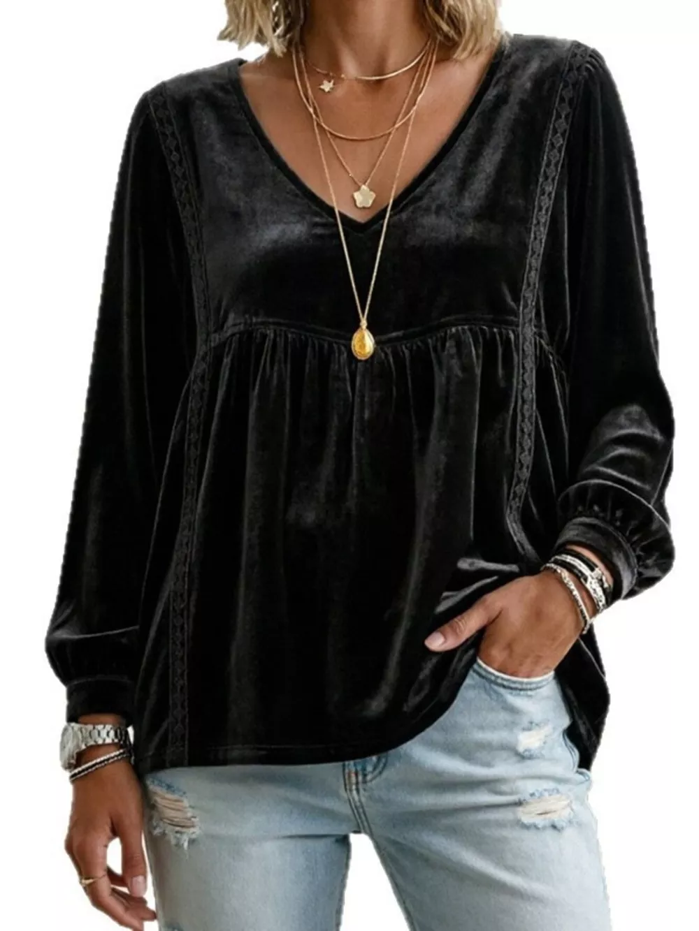 Full Size V-Neck Long Sleeve Velvet Blouse with Lace Trim Plus Size