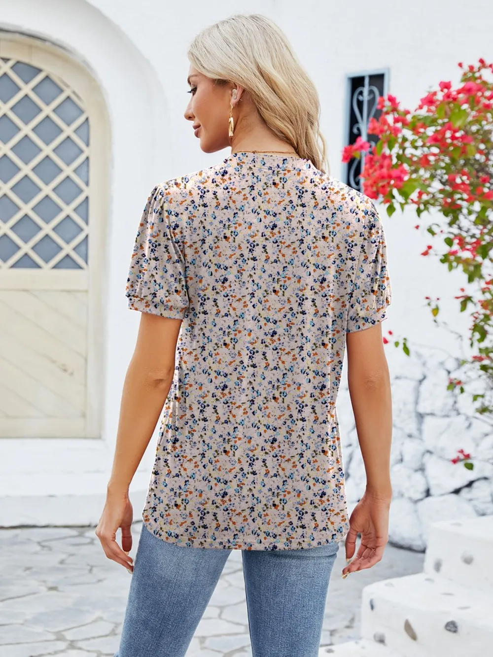 Ruched Printed Notched Short Sleeve Blouse, image 24