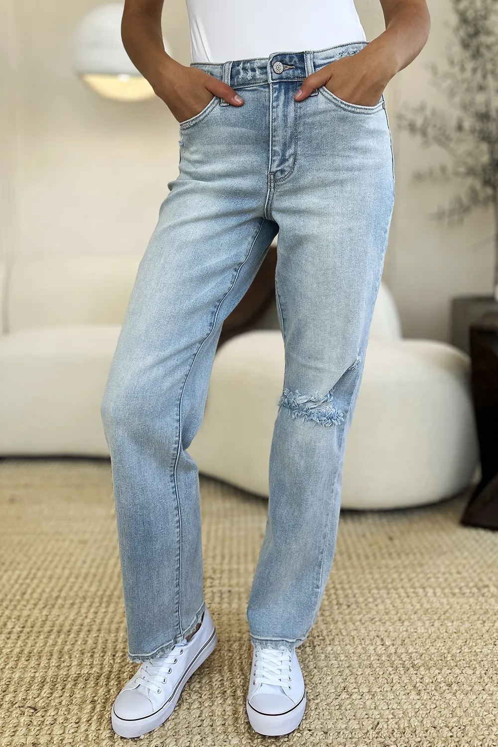 Full Size High Waist Distressed Straight Jeans, image 9
