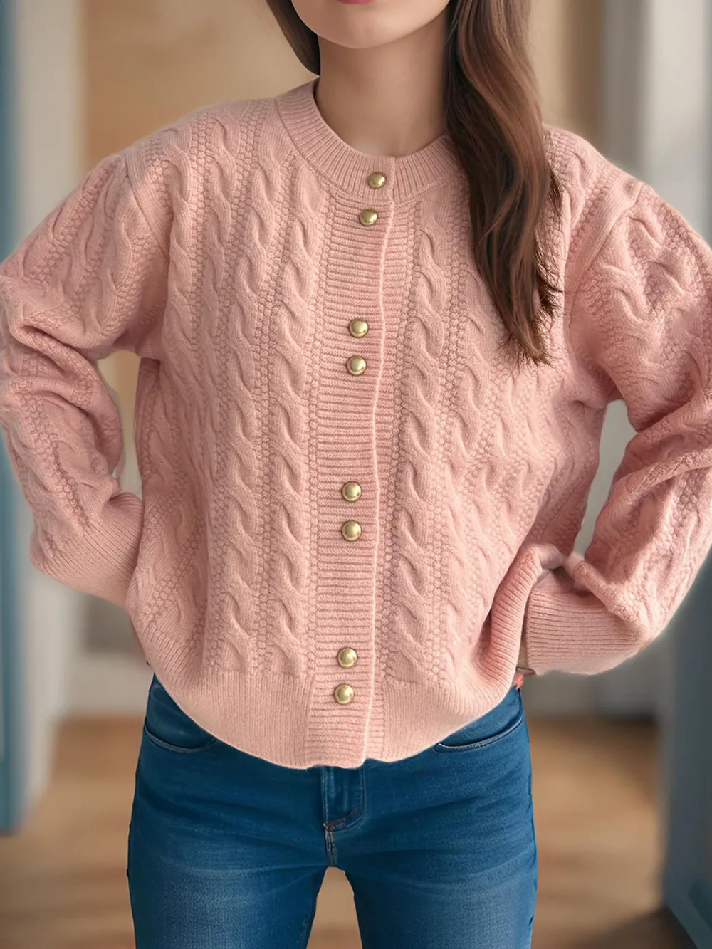 Cable-Knit Round Neck Long Sleeve Cardigan, image 10