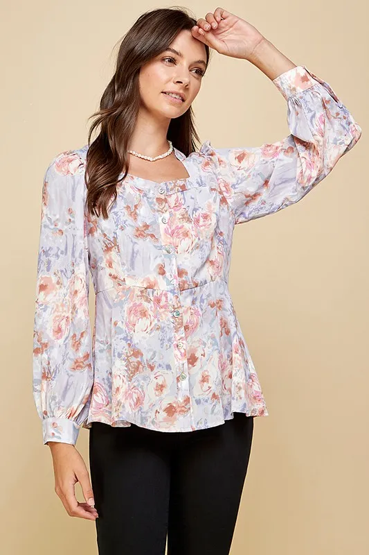 Floral Sweetheart Neckline Button Down Blouse, image 5