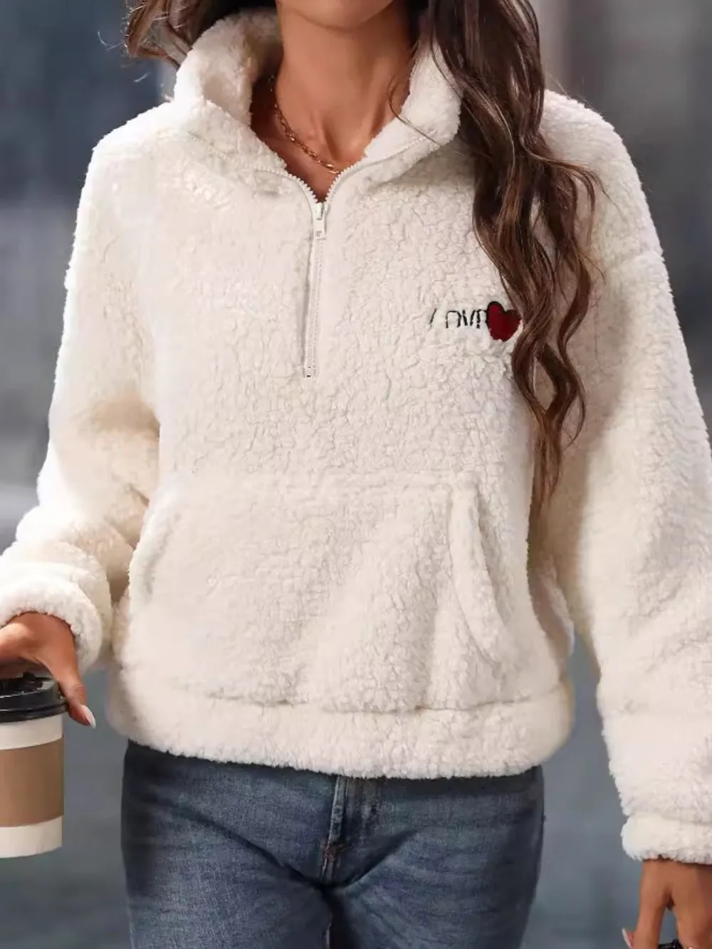 Heart Half Zip Long Sleeve Teddy Sweatshirt, image 6