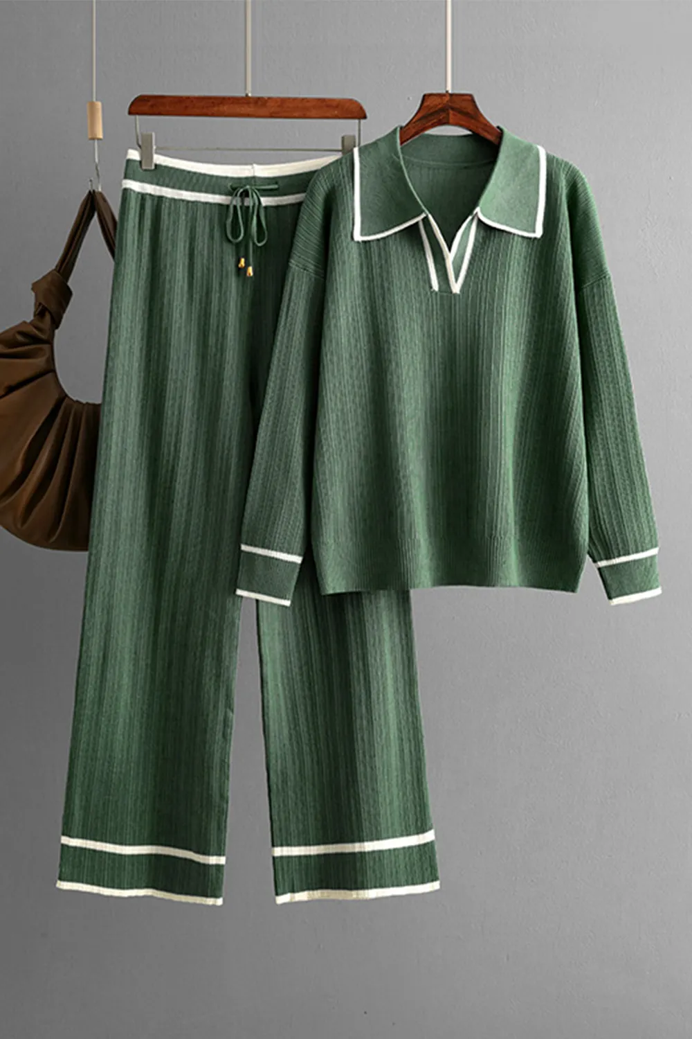 Contrast Trim Johnny Collar Top and Drawstring Pants Sweater Set, image 9