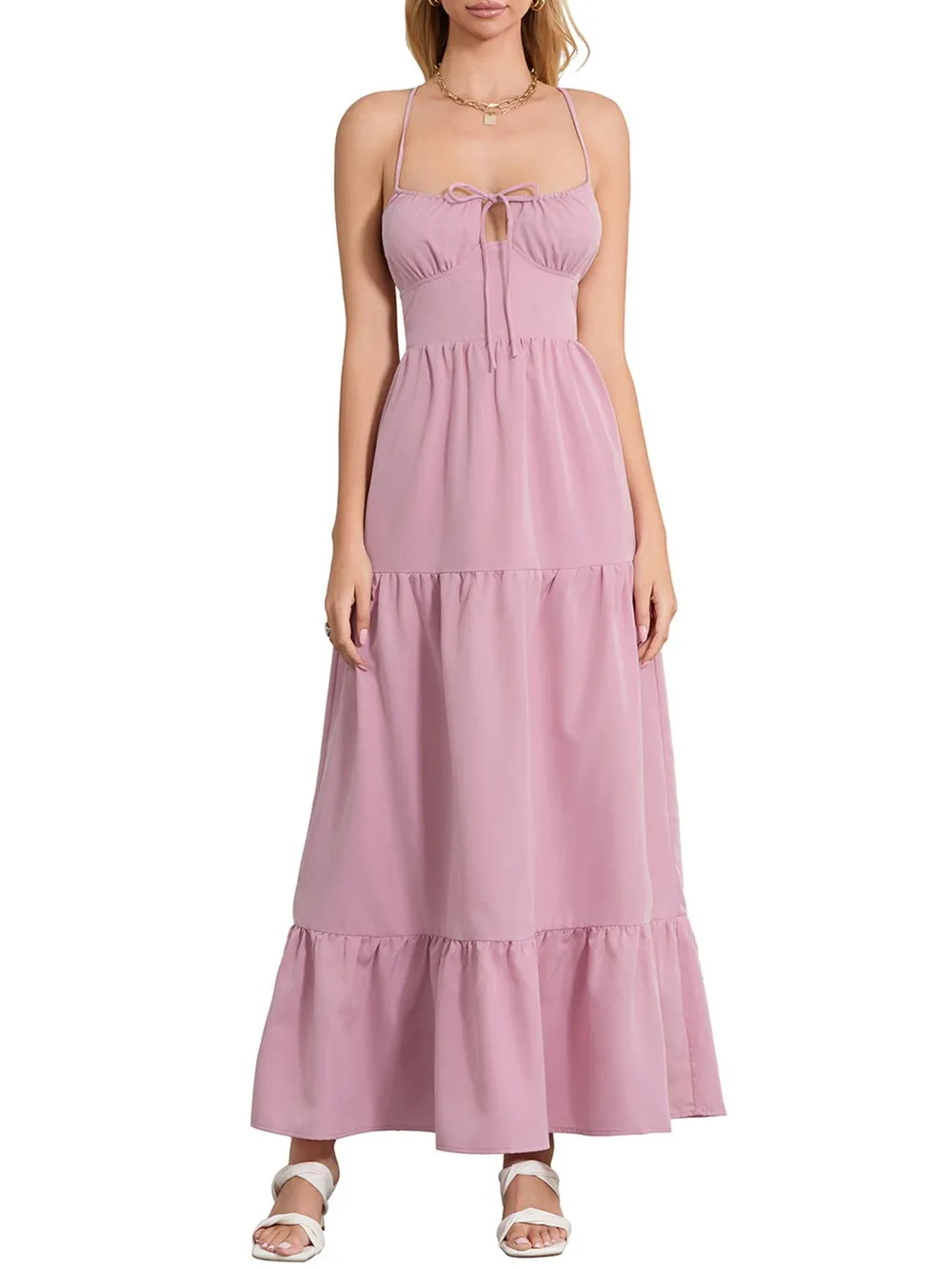 Tiered Lace Up Spaghetti Straps Maxi Dress, image 24