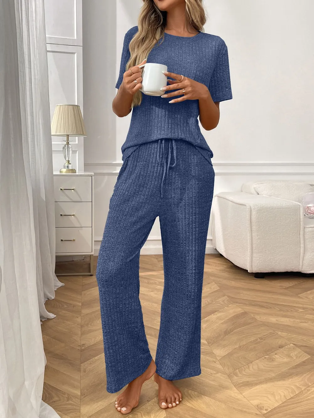 Ribbed Knit Short Sleeve Top and Pants Lounge Set, image 5