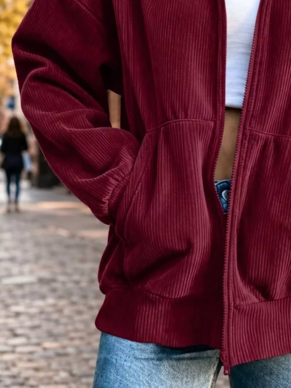 Zip Up Dropped Shoulder Corduroy Jacket, image 4