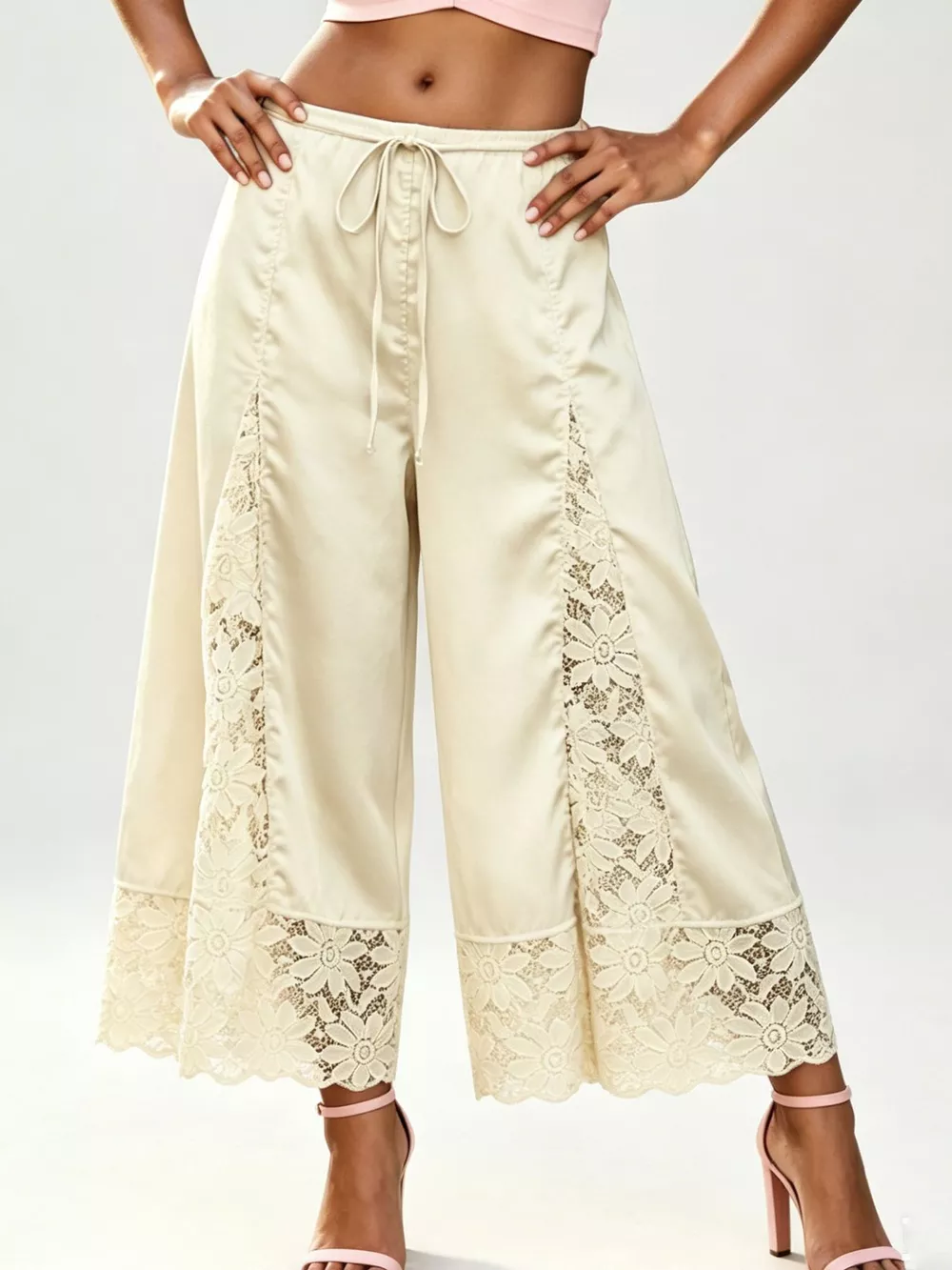 Lace Trim Wide-Leg Cropped Pants, image 30