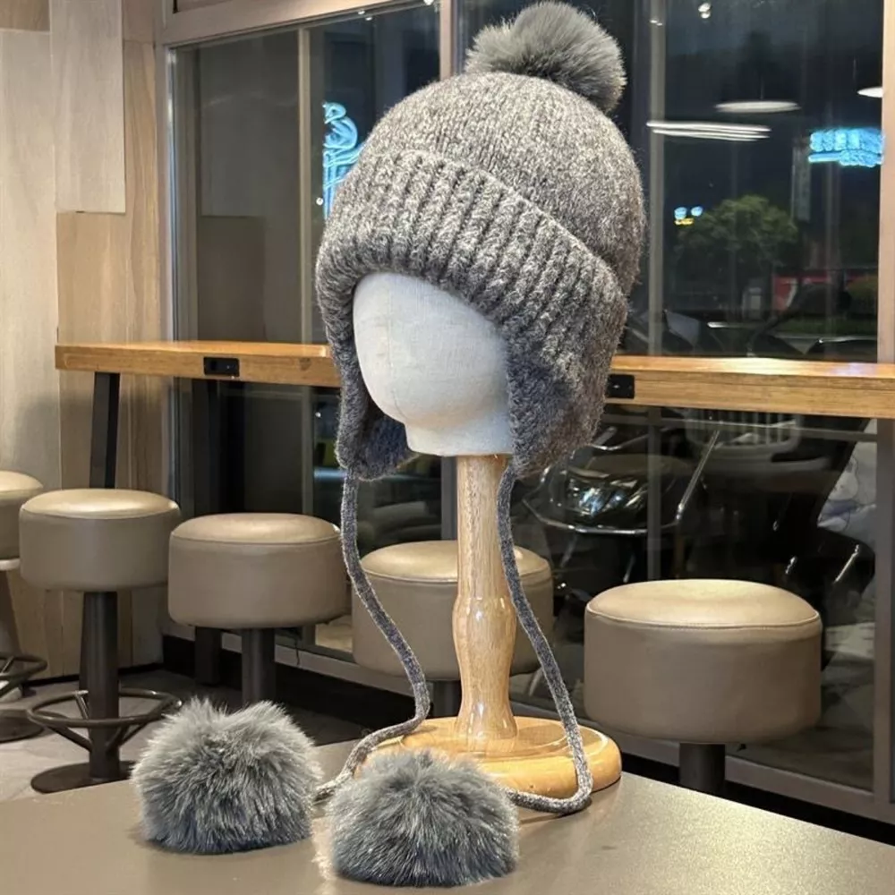 Warm Knitted Beanie Hat with Pom Pom Ear Flaps, image 5