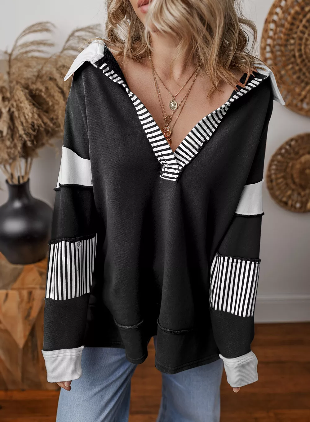 Color Block Striped Johnny Collar Sweatshirt, image 25