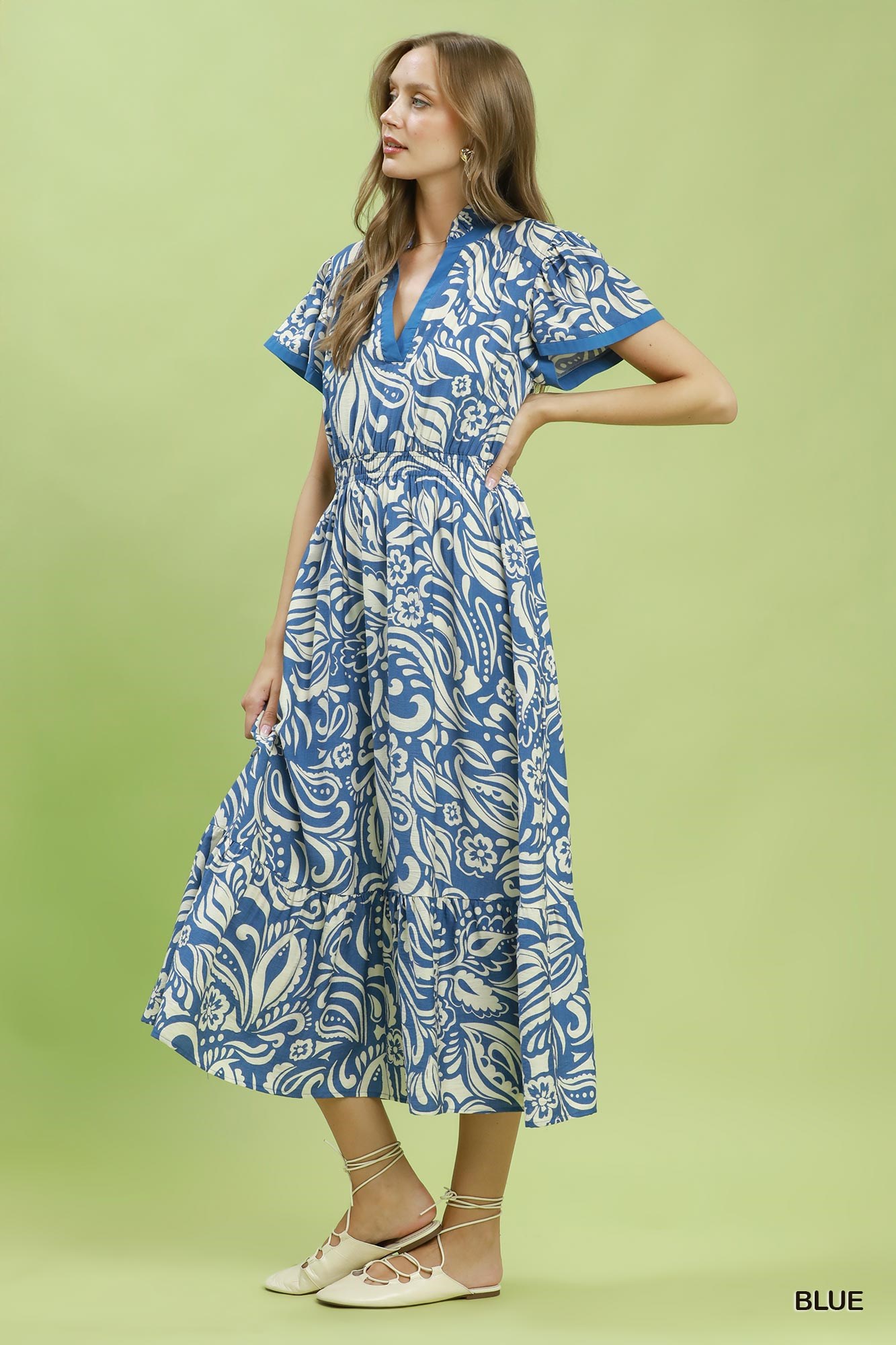 Paisley Print Midi Dress with Side Pockets, image 2