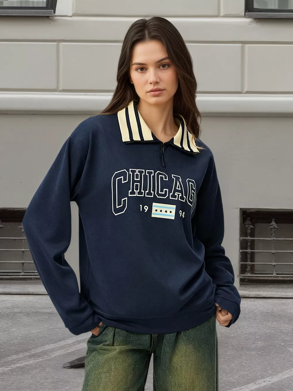 Graphic Sweatshirt with Striped Collar, image 2