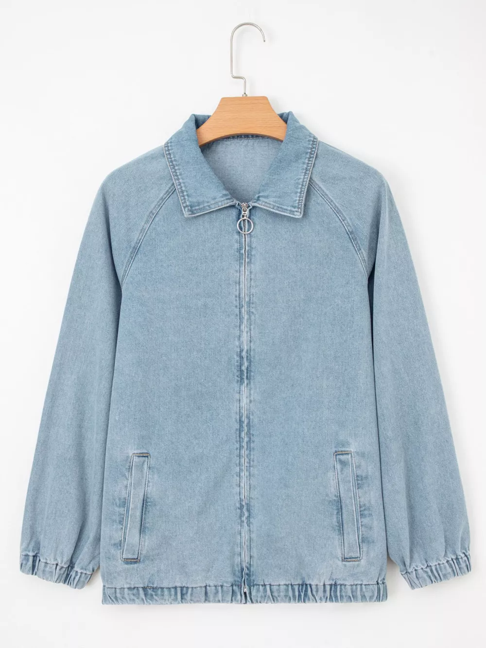 Elastic Edge Collared Zip Up Denim Jacket With Pocket, image 5