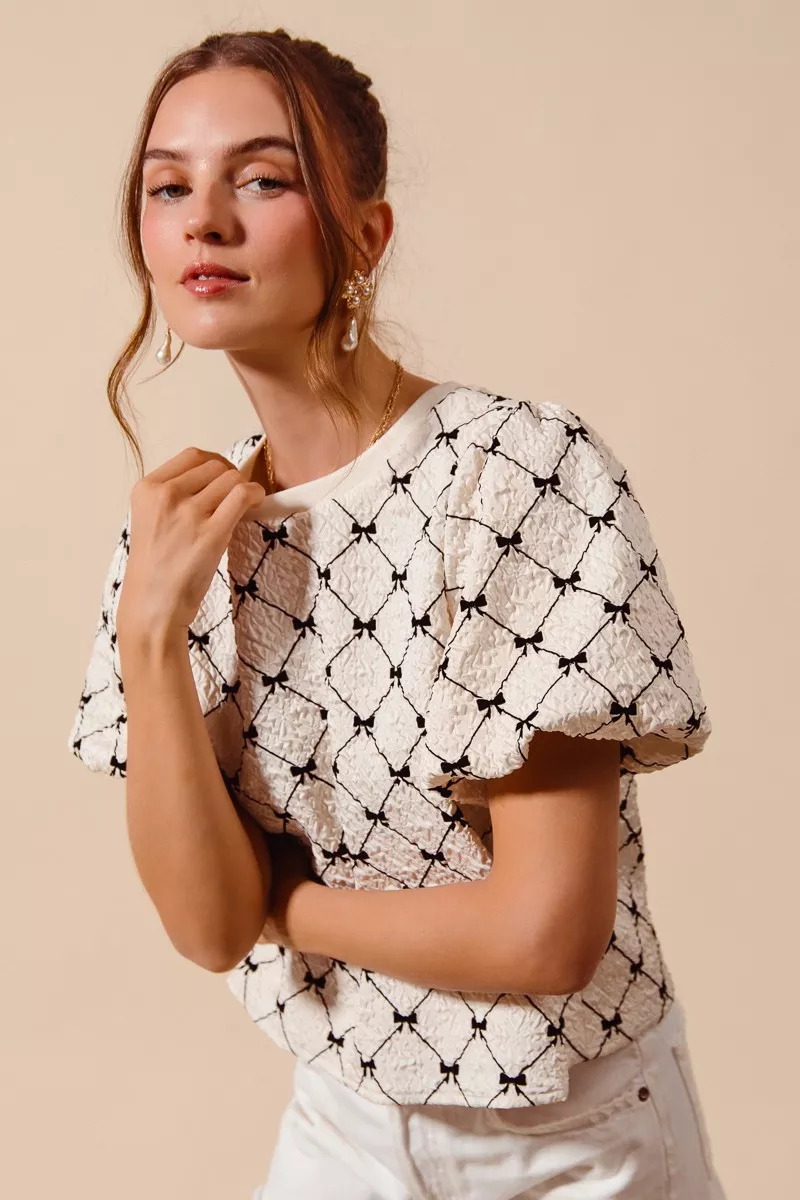 Bow Texture Woven Bubble Sleeve Top, image 6
