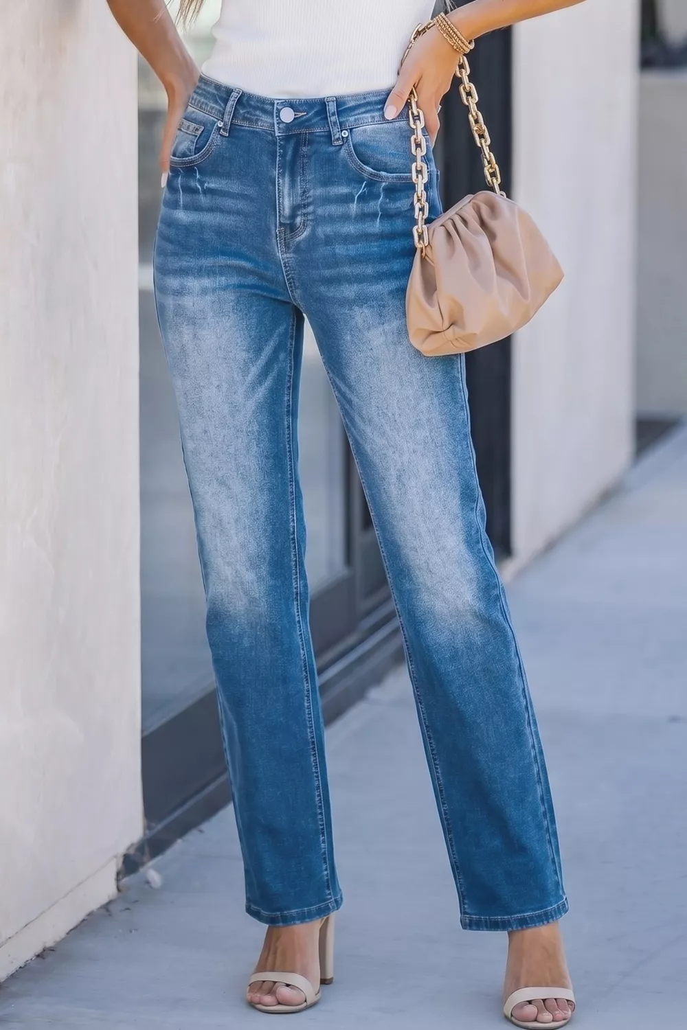 Acid Washed Straight Leg Full Length Casual Jeans, image 5