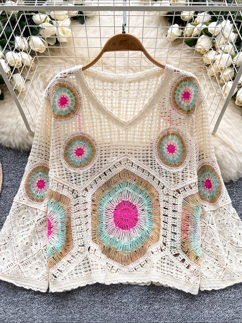 Crochet V-Neck Knit Cover Up, image 6