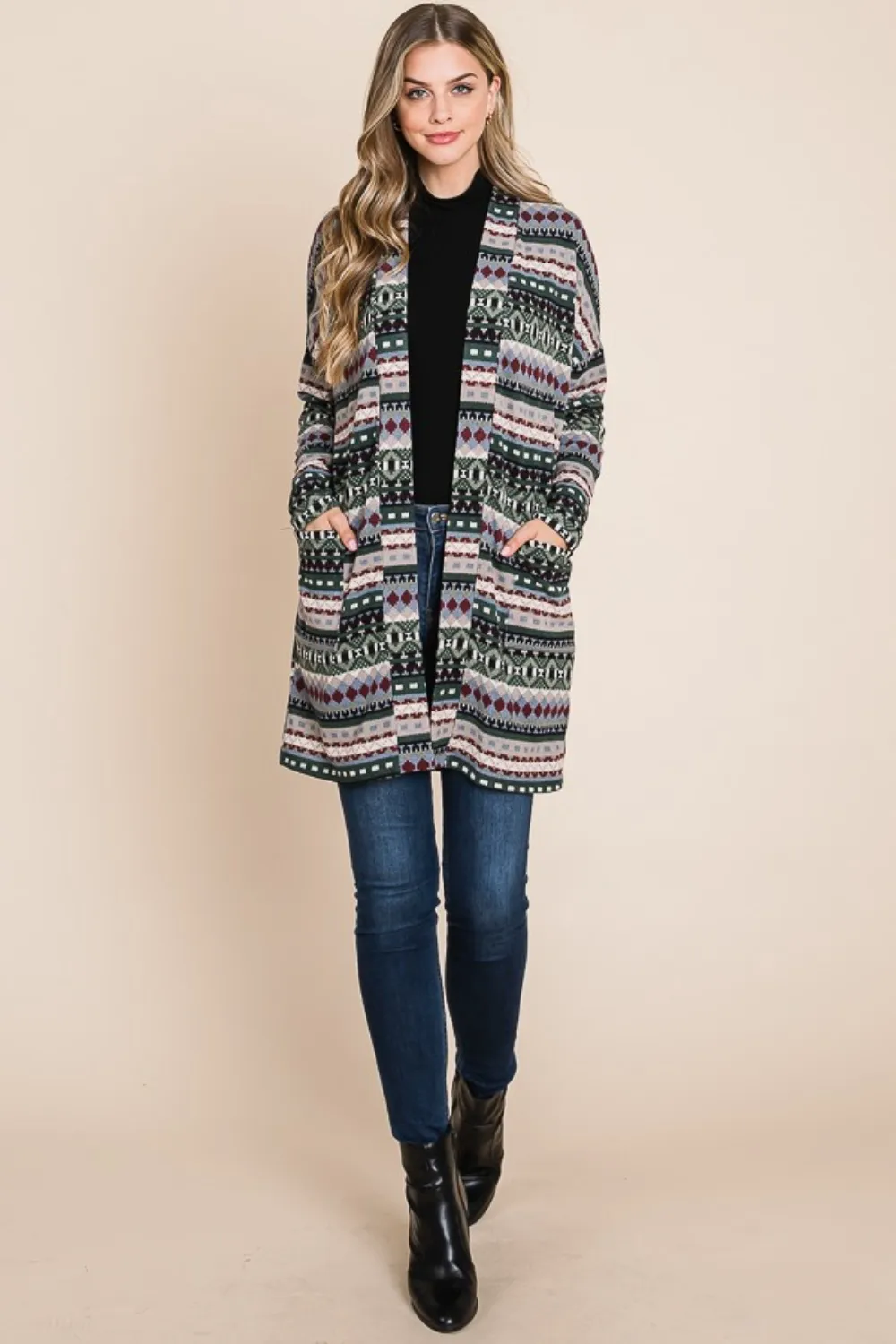 Geometric Open Front Long Sleeve Cardigan with Pockets, image 4