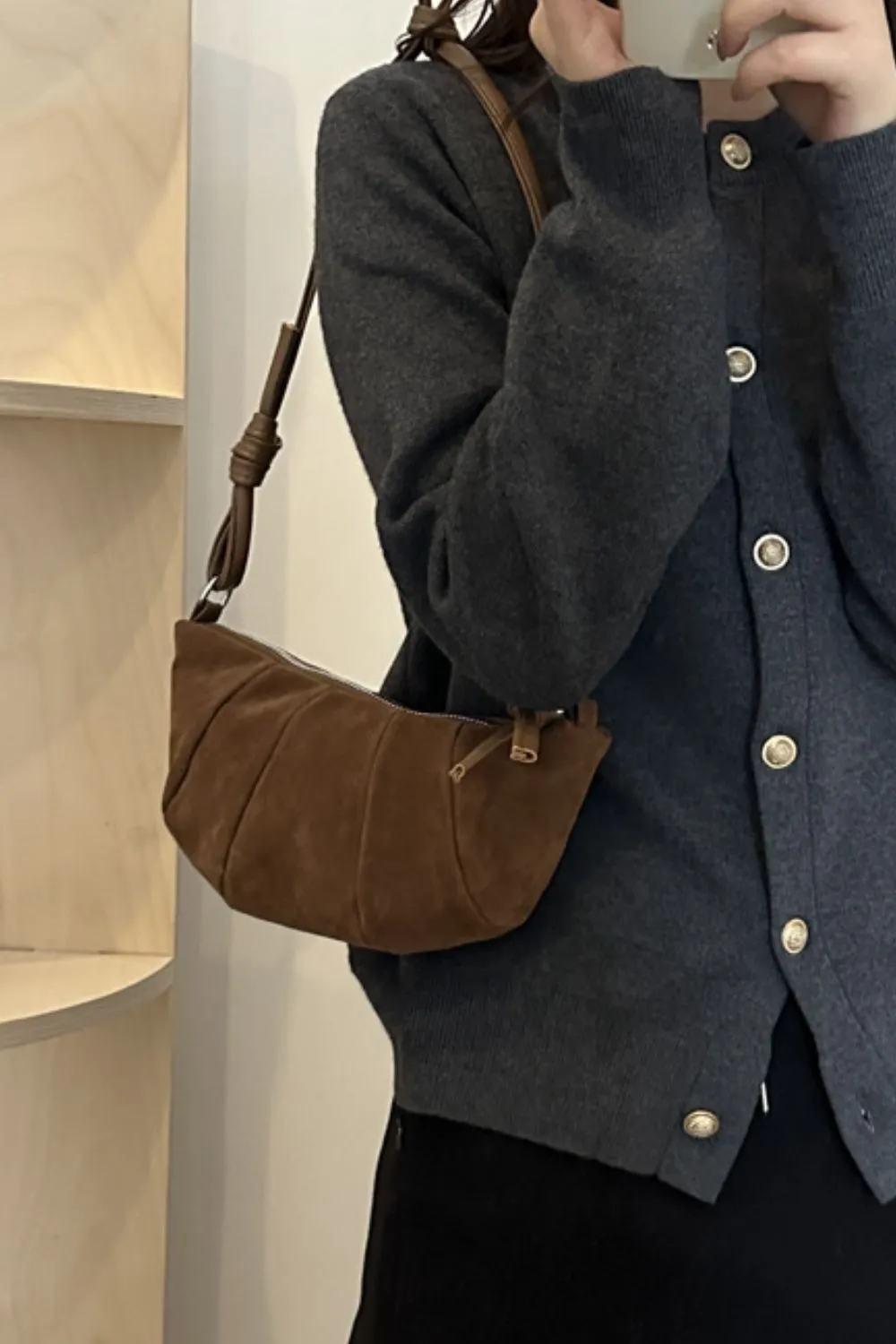 Suede Croissant Shape Shoulder Bag, image 6