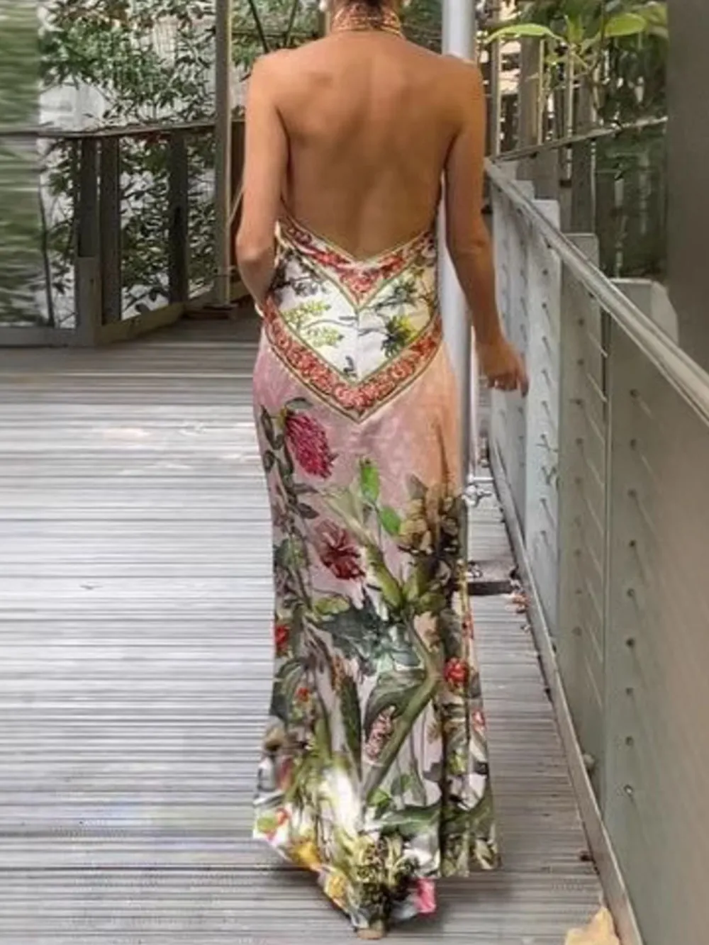 Printed Halter Neck Backless Maxi Dress, image 4