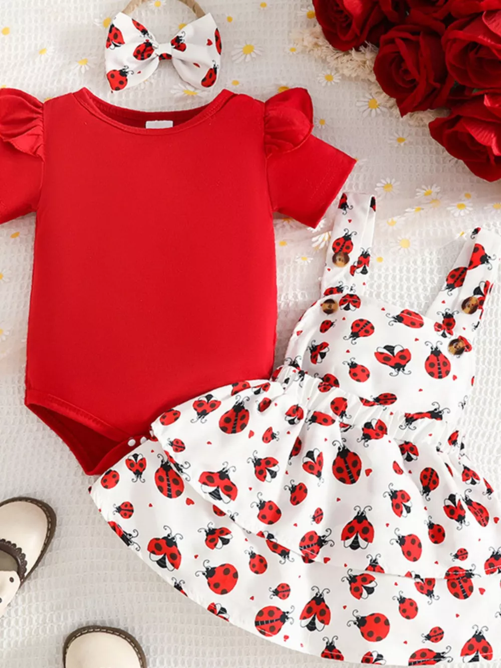 Children's Ladybug Print Ruffle Sleeve Baby Set with Headband, image 2