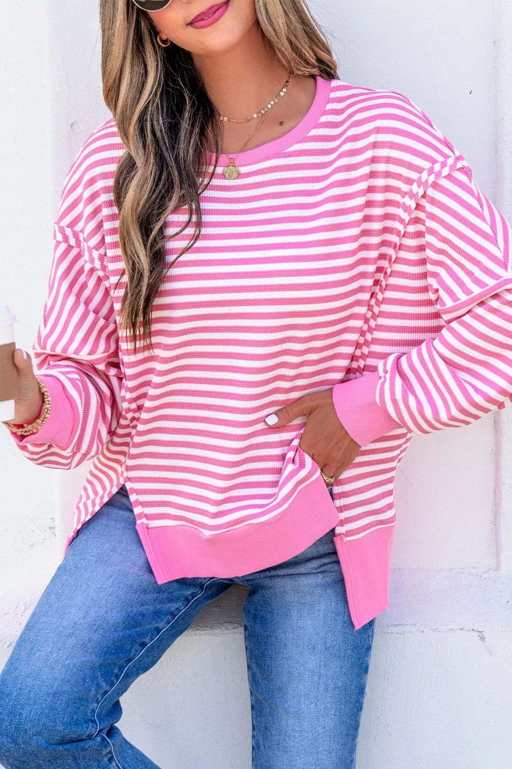 Stripe Textured Knit Color Block Trim Split Hem Long Sleeve Top, image 8