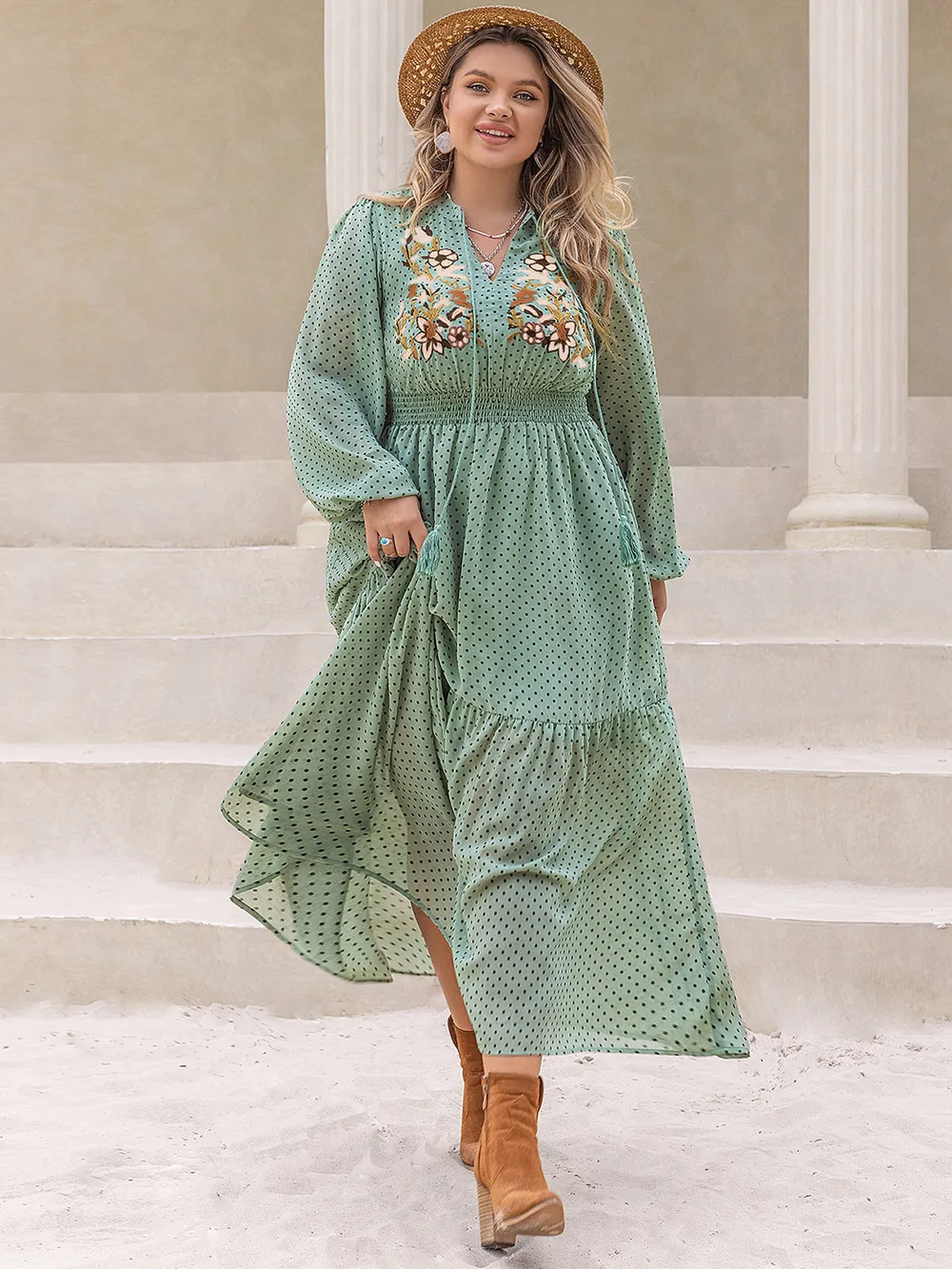 Plus Size Tassel Printed Tie Neck Long Sleeve Midi Dress, image 7