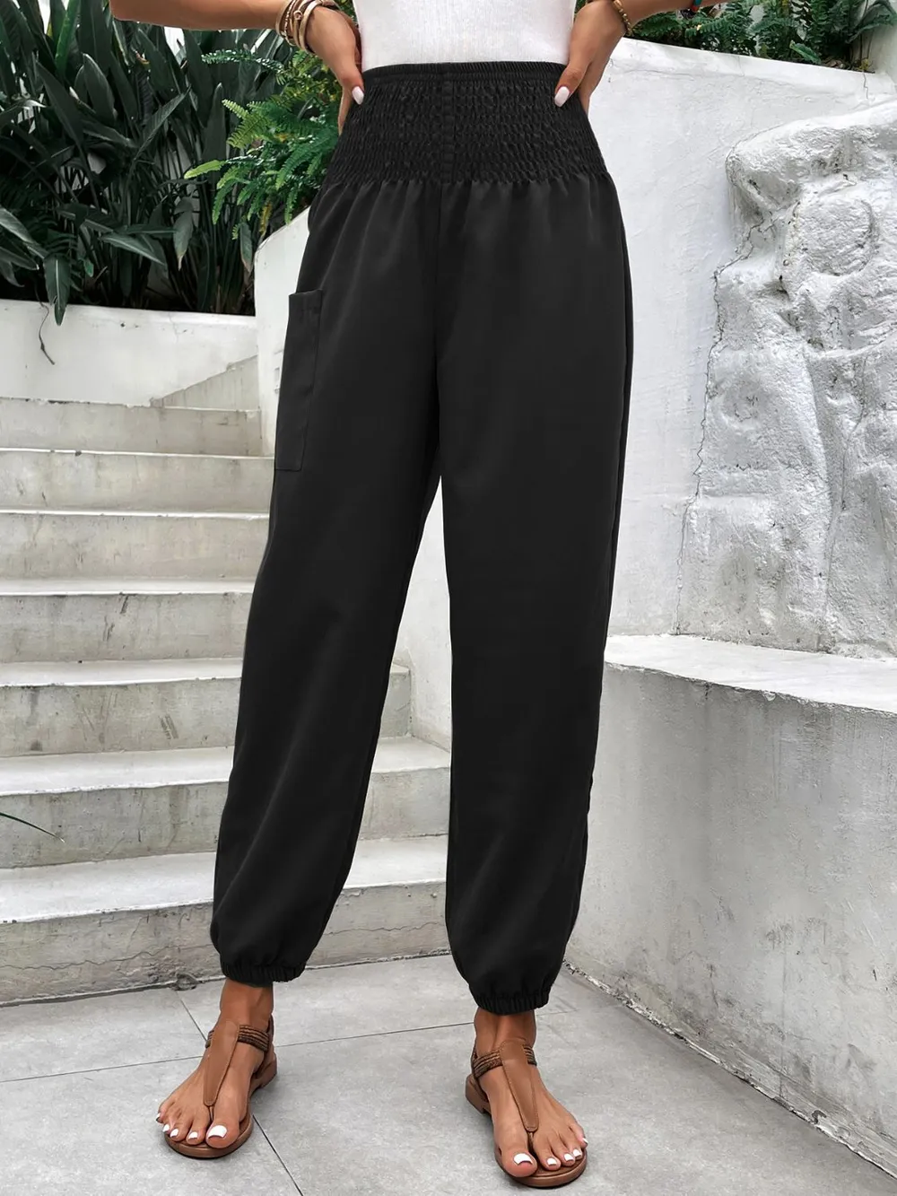 Smocked High Rise Joggers with Pockets, image 3