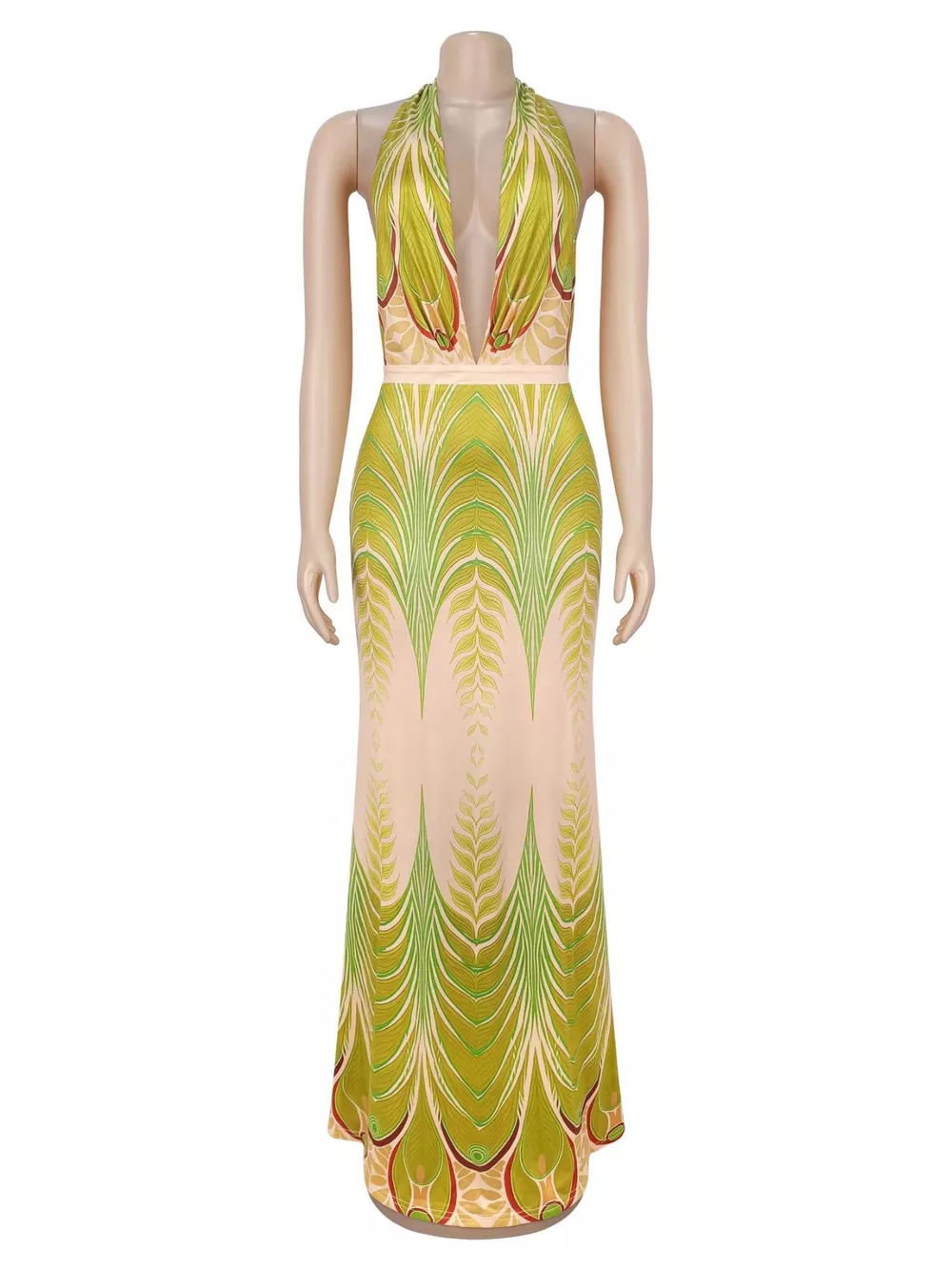 Elegant Halter Neck Maxi Dress with Gradient Leaf Print, image 6