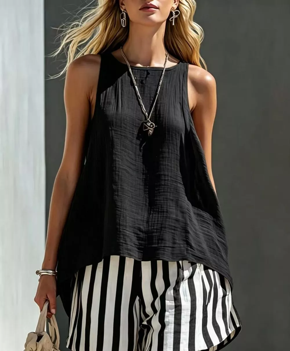 Round Neck Tank and Striped Shorts Set