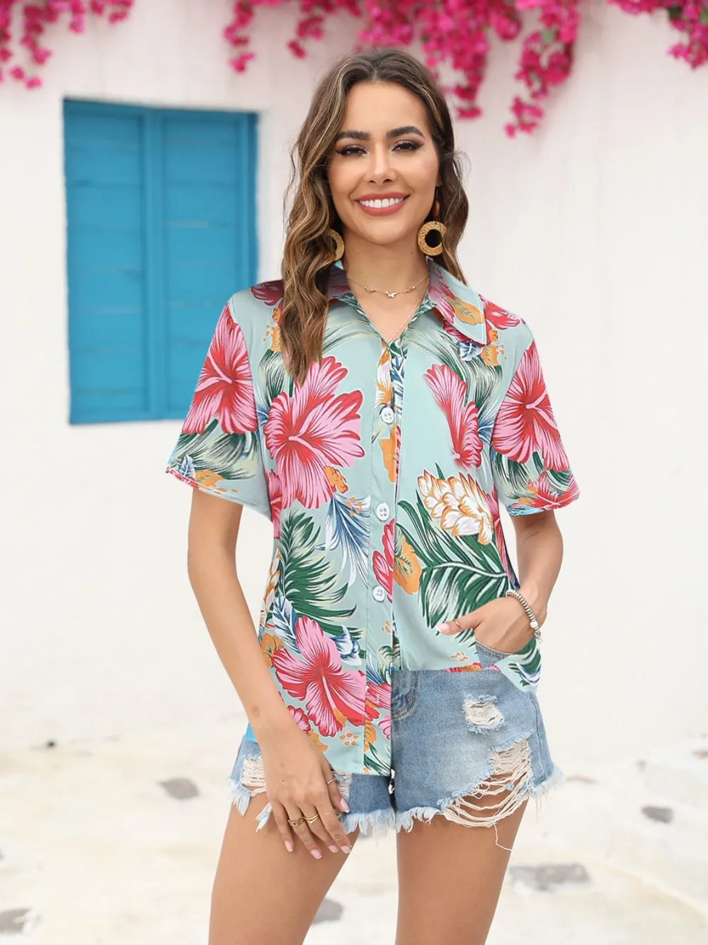 Printed Collared Neck Short Sleeve Shirt, image 5