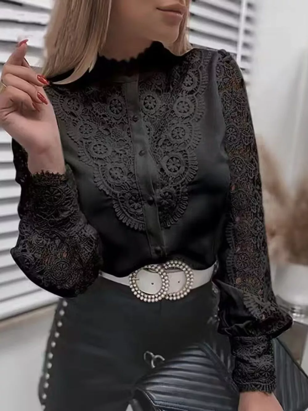 Elegant Lace Detail Long Sleeve Button Down Shirt, image 10