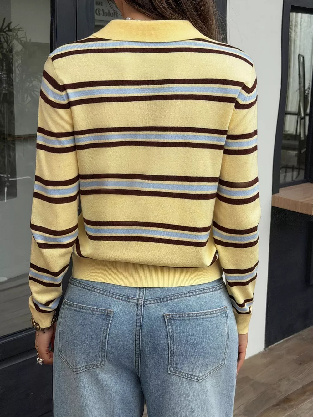 Striped Polo Collar Knit Top, image 5