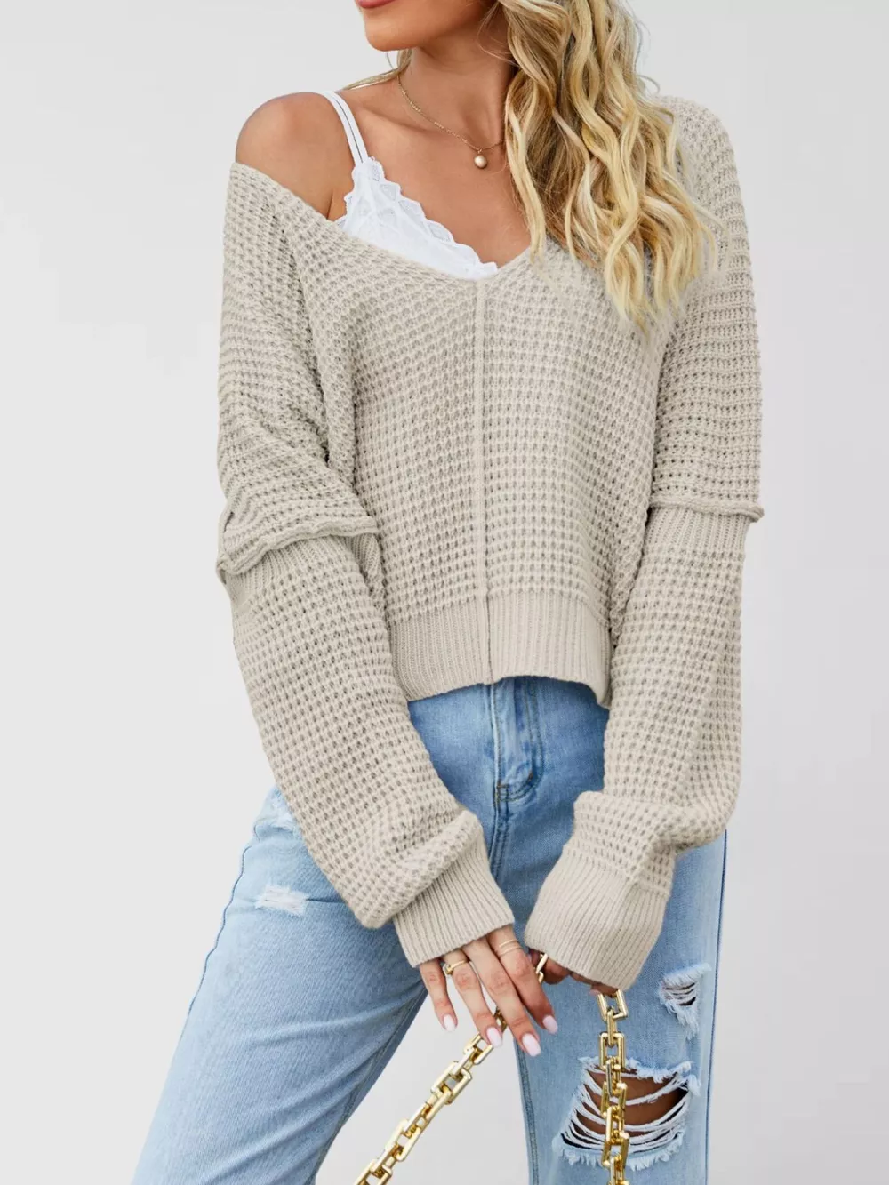 Waffle Knit Dropped Shoulder Sweater, image 4