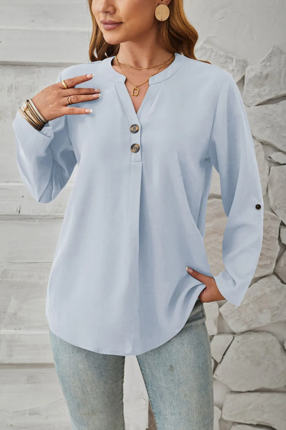 Decorative Button Notched Long Sleeve Blouse, image 3