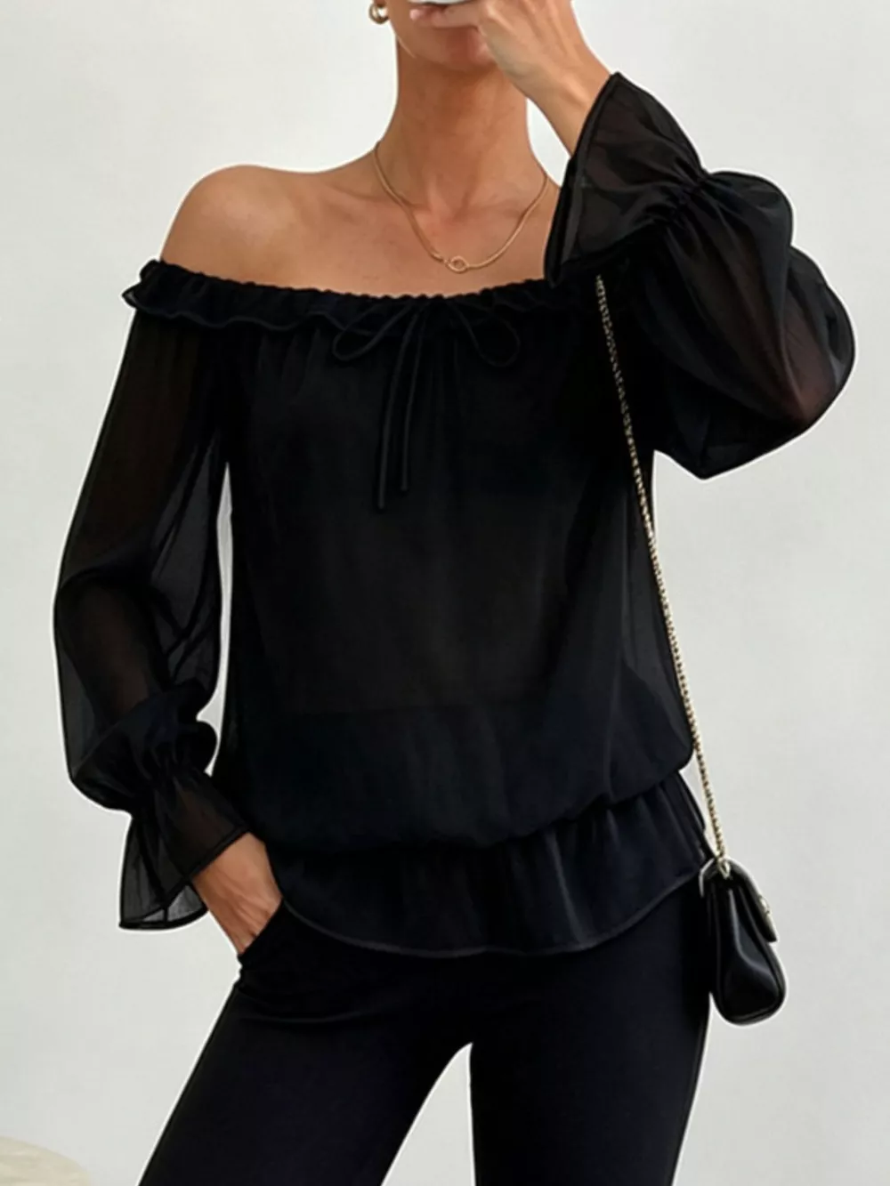 Off-Shoulder Flounce Sleeve Chiffon Blouse, image 3