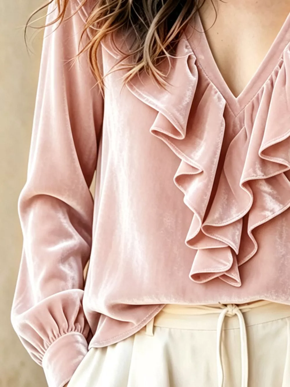Ruffled V-Neck Long Sleeve Blouse, image 12