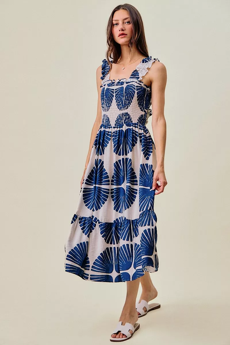 Abstract Print Smocked Bodice Tiered Lined Midi Dress, image 11