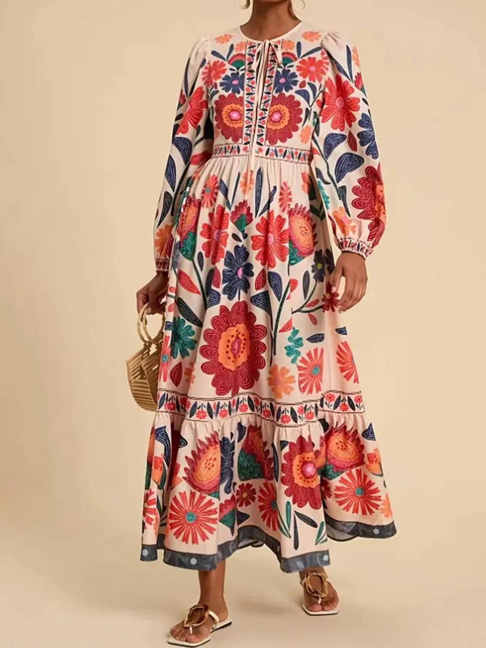 Floral Tie Waist Long Sleeve Dress, image 19