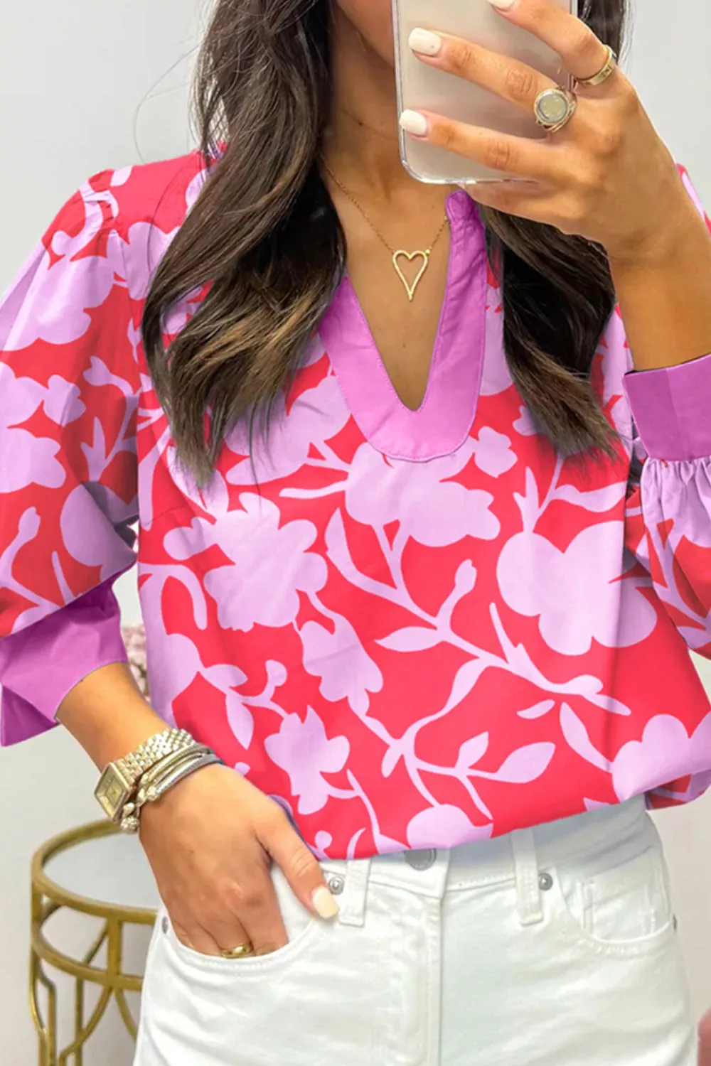Printed Notched Long Sleeve Blouse, image 3