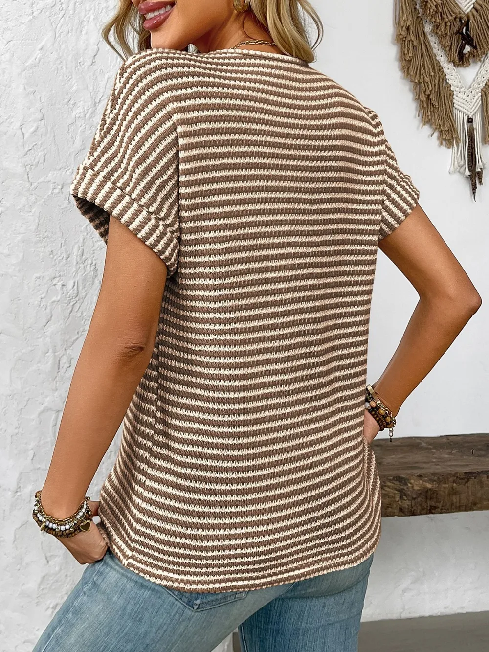 Striped Notched Short Sleeve T-Shirt, image 19