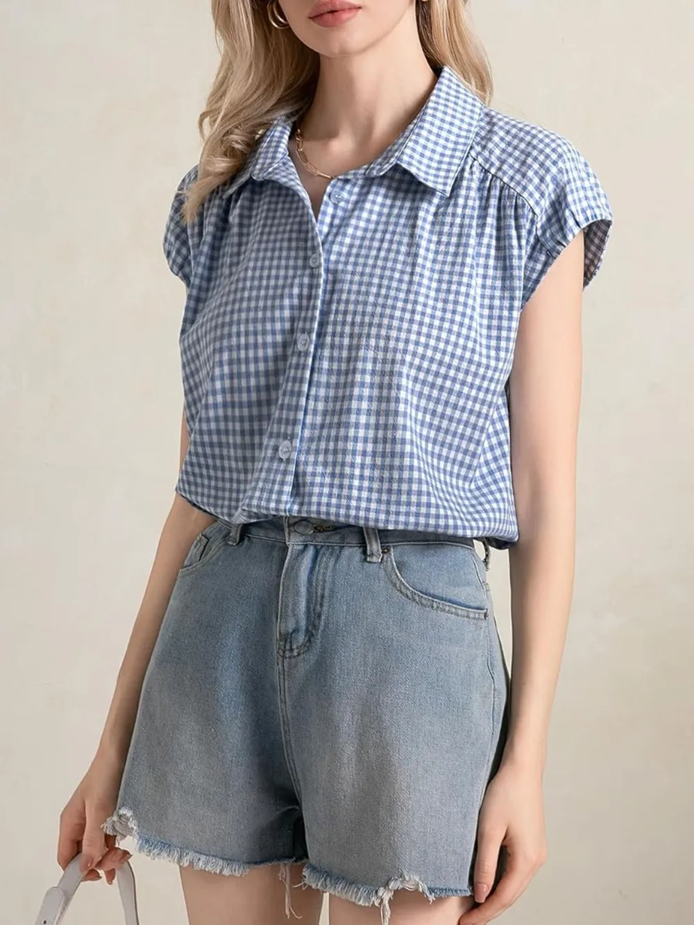 Plaid Button Up Cap Sleeve Shirt, image 5