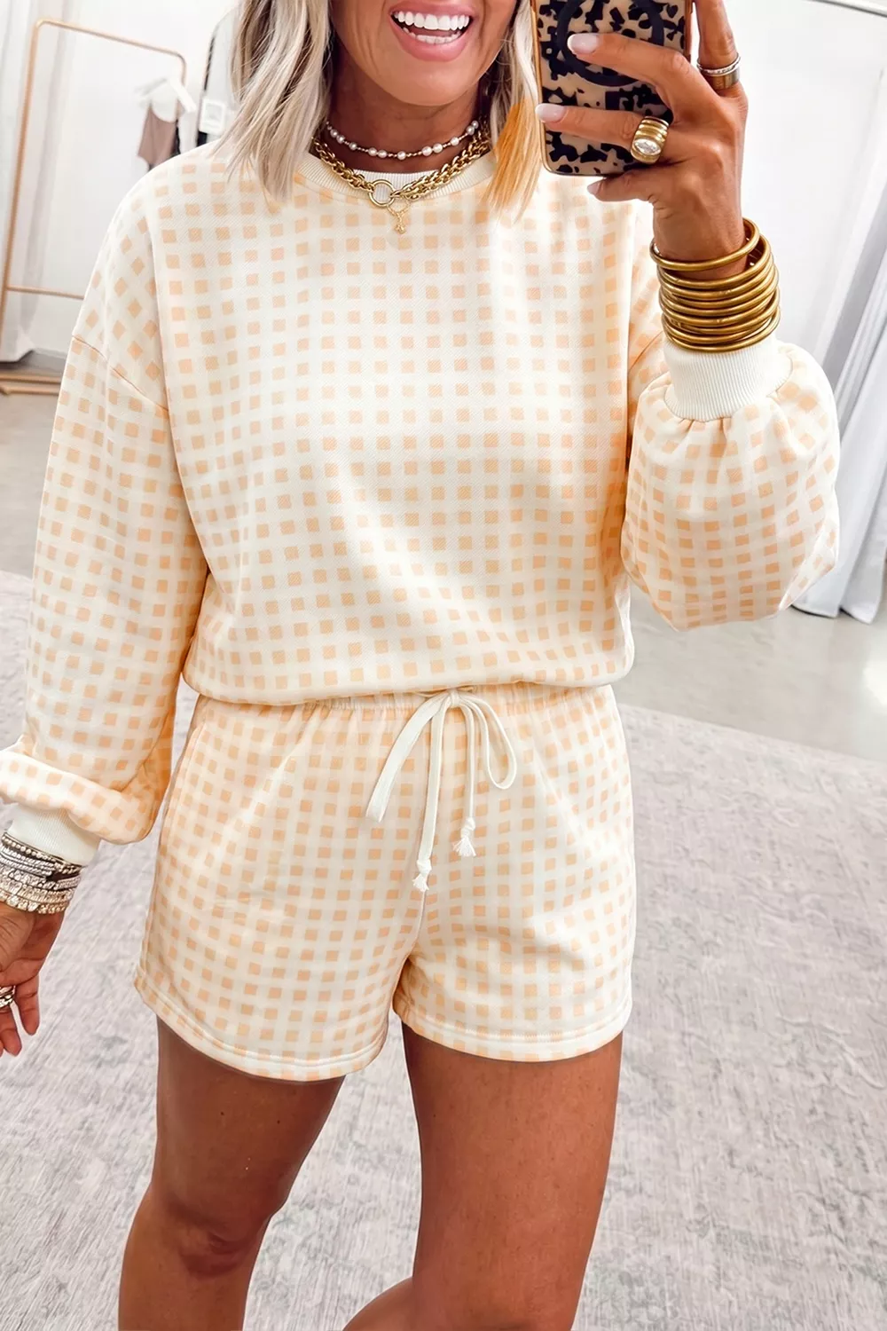 Gingham Long Sleeve Sweatshirt and Shorts Set, image 3