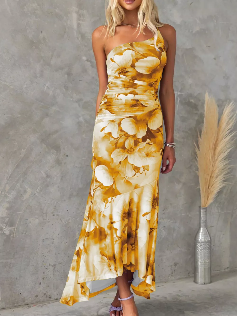 Floral Print One-Shoulder Ruched Maxi Dress, image 17