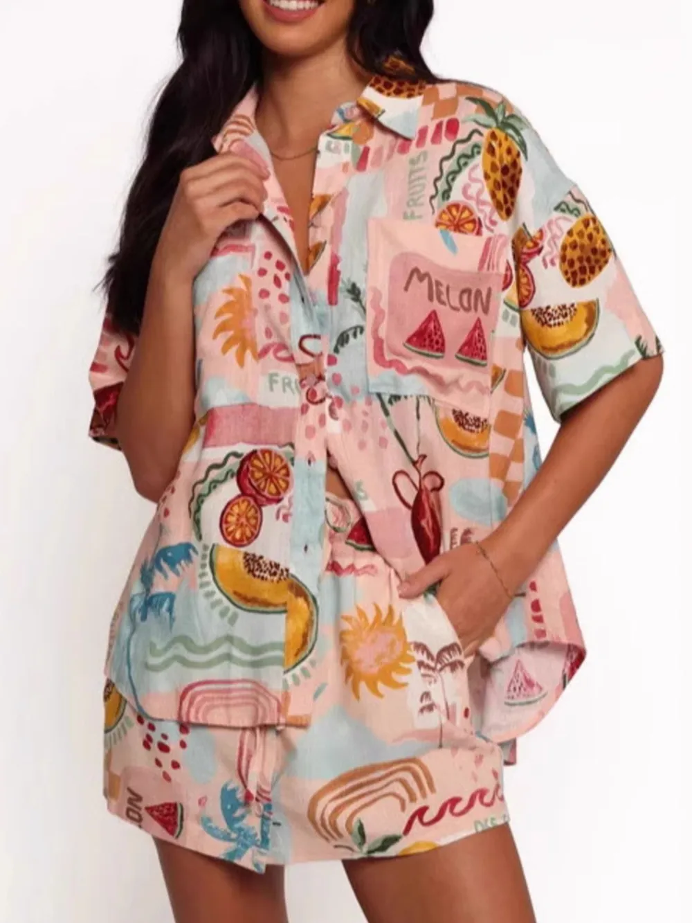 Printed Button Up Shirt and Shorts Set, image 5