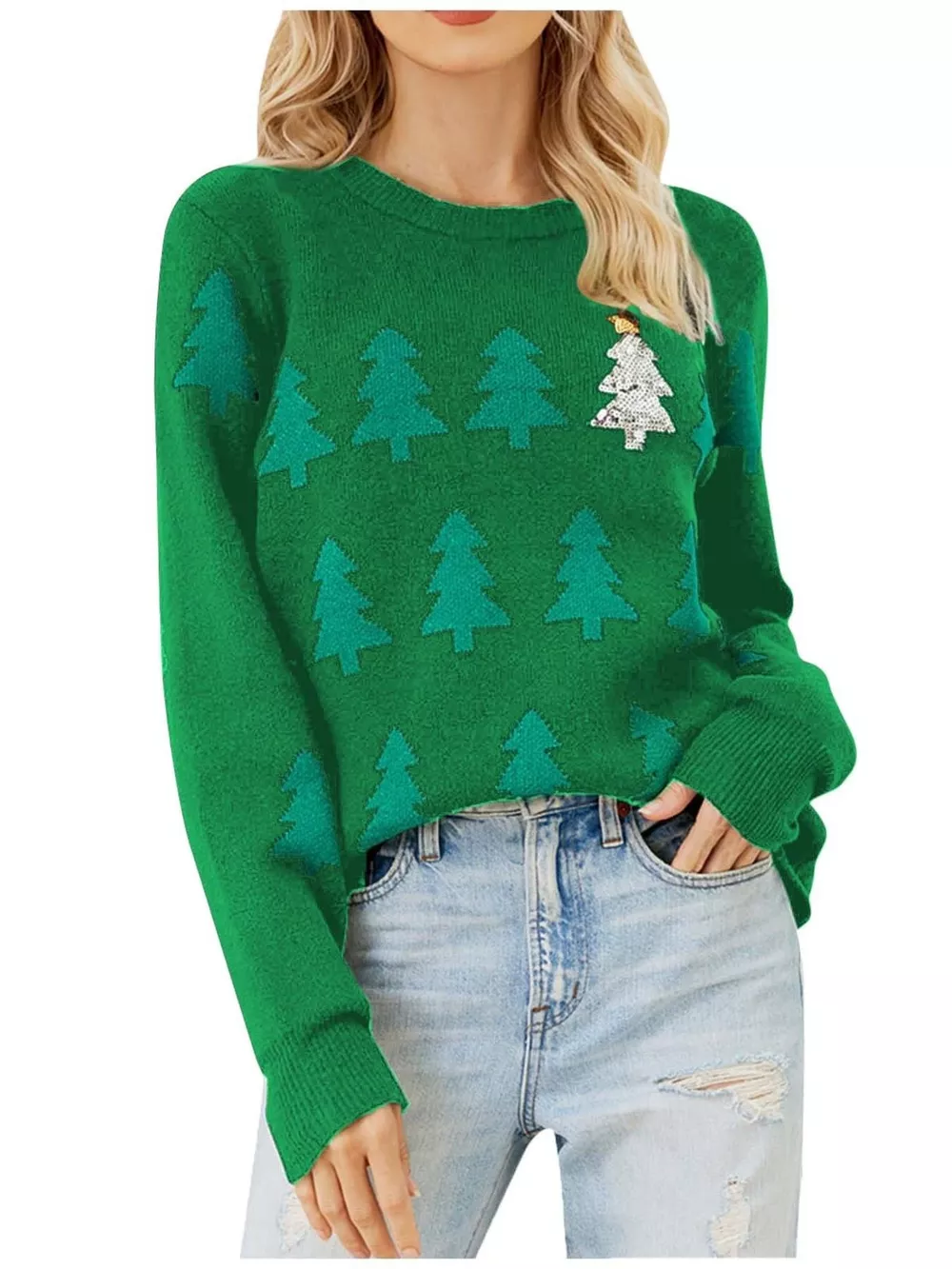 Christmas Tree Pattern Long Sleeve Sweater, image 5