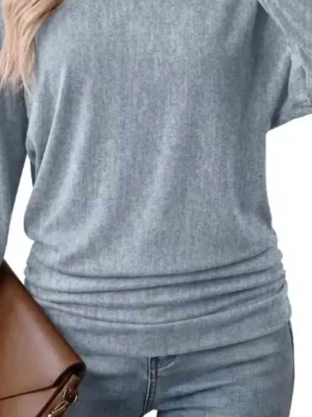 Long Sleeve Crew Neck Casual T-Shirt with Ruched Hem, image 20