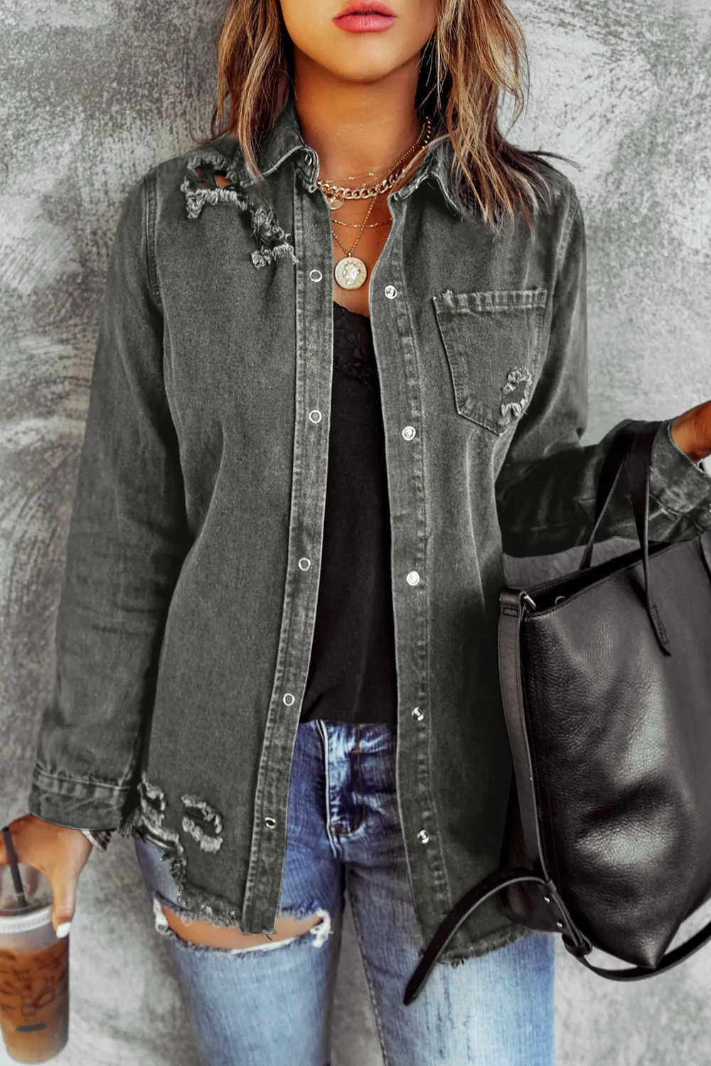Distressed Raw Hem Snap Down Denim Jacket, image 8