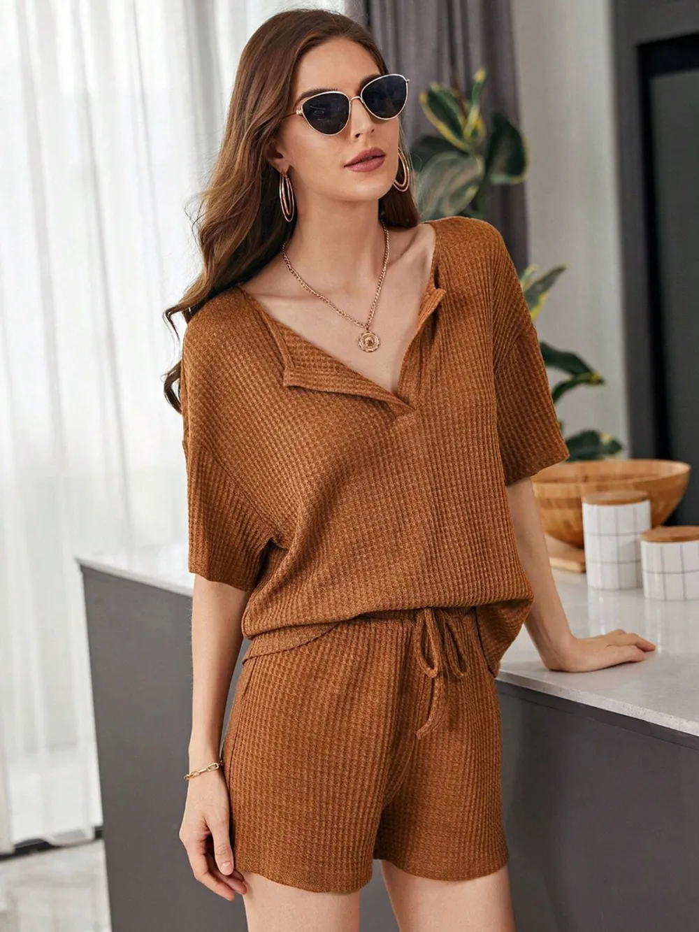 Full Size Waffle-Knit Dropped Shoulder Top and Shorts Set, image 16