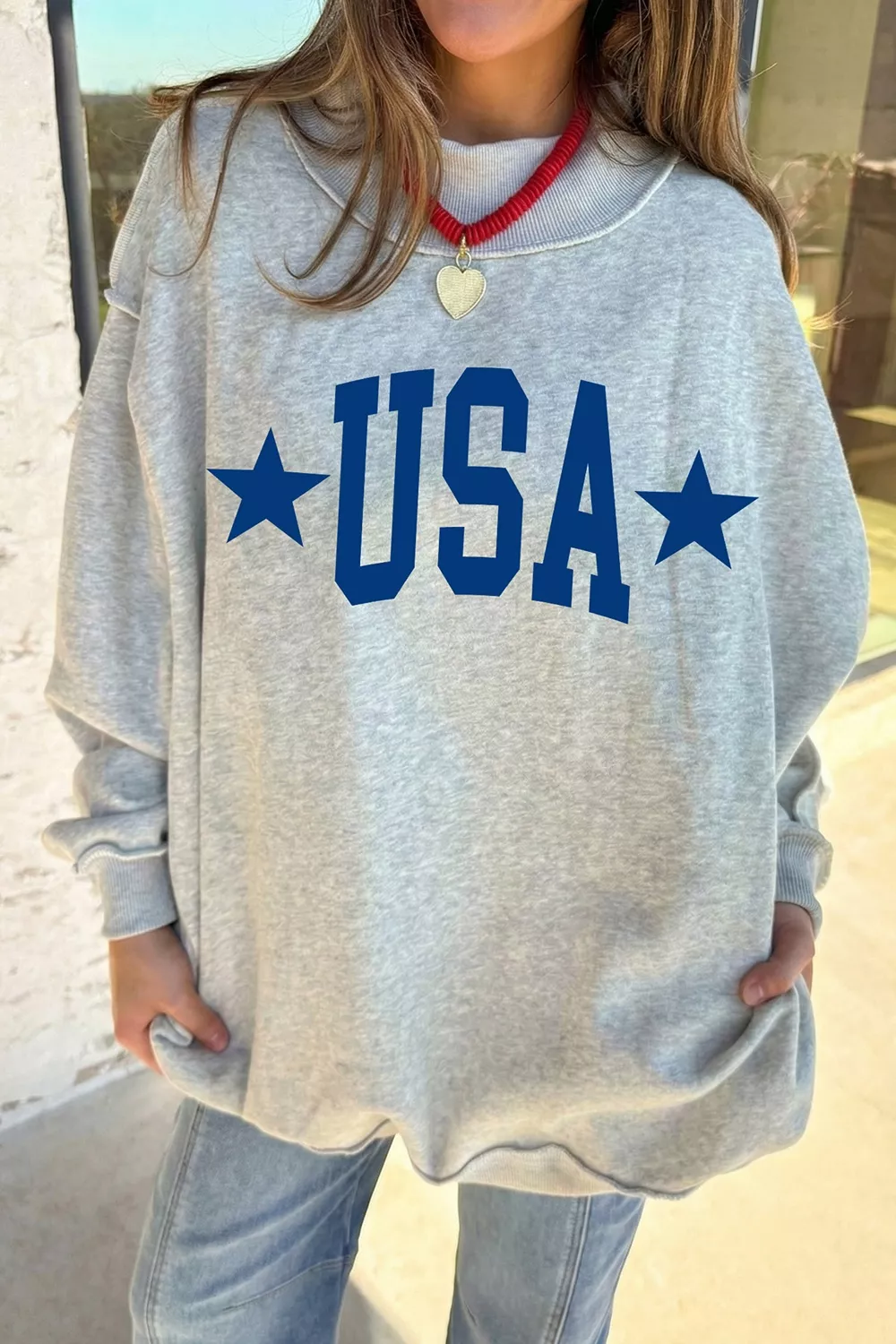 Mock Neck USA Slogan Graphic Sweatshirt, image 2